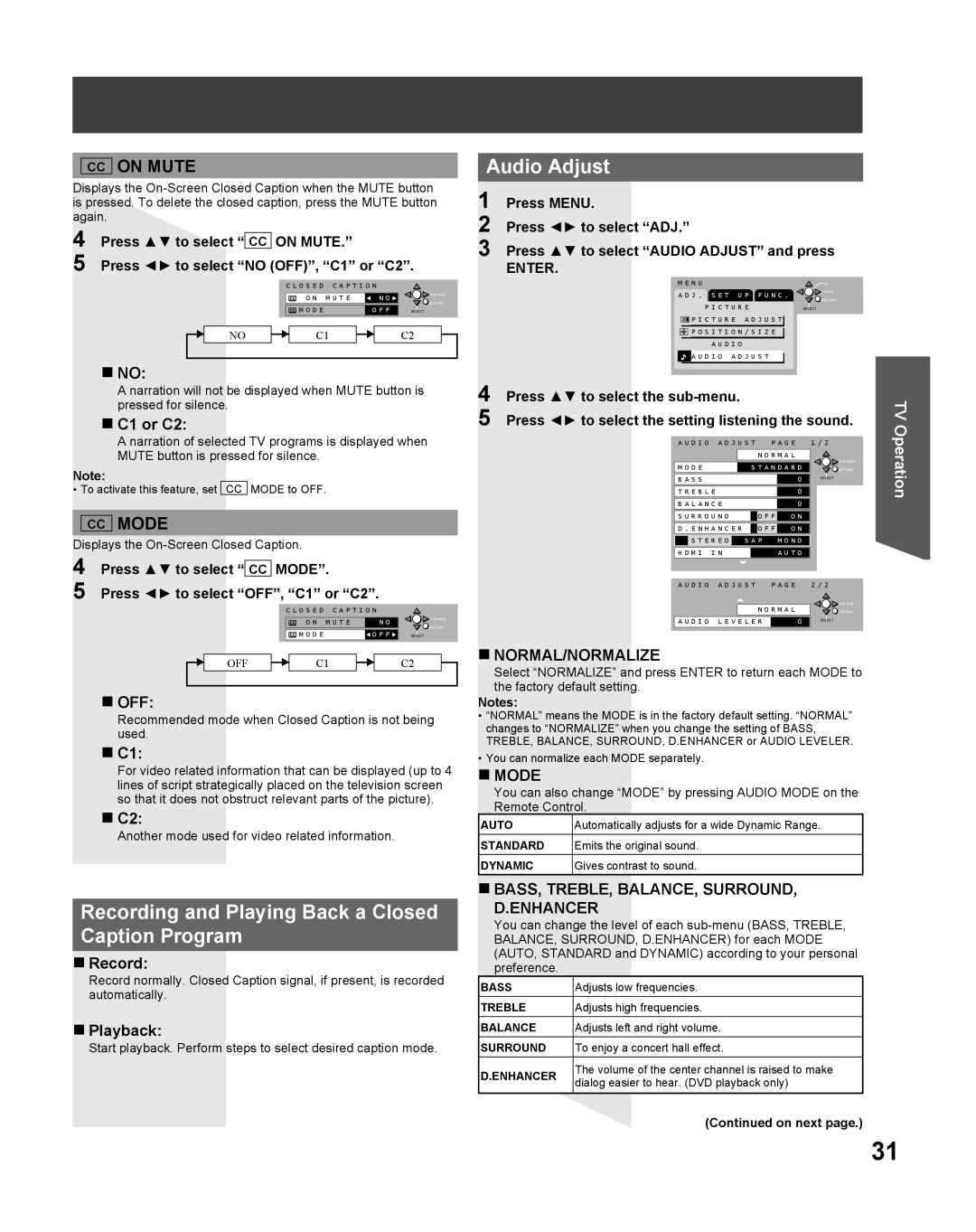 Panasonic TC 22LR30 manual Audio Adjust, Recording and Playing Back a Closed Caption Program, C1 or C2, Playback 