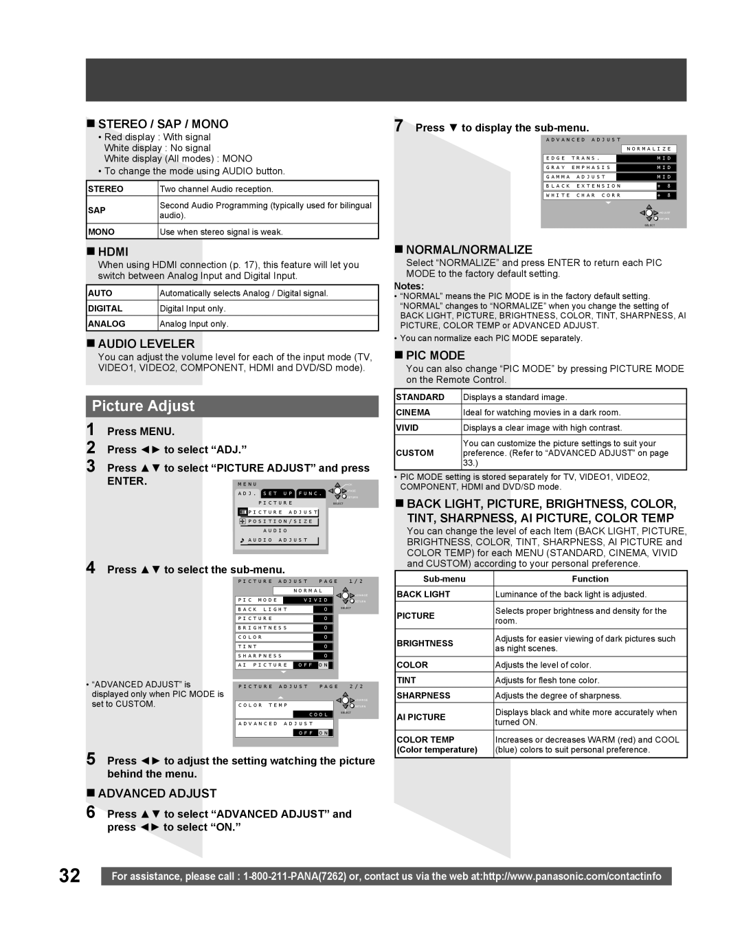 Panasonic TC 22LR30 manual Picture Adjust, Press to display the sub-menu, Press to select the sub-menu 