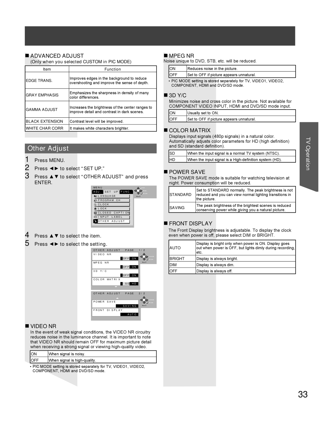 Panasonic TC 22LR30 manual Other Adjust, 3D Y/C, Press to select the item Press to select the setting 