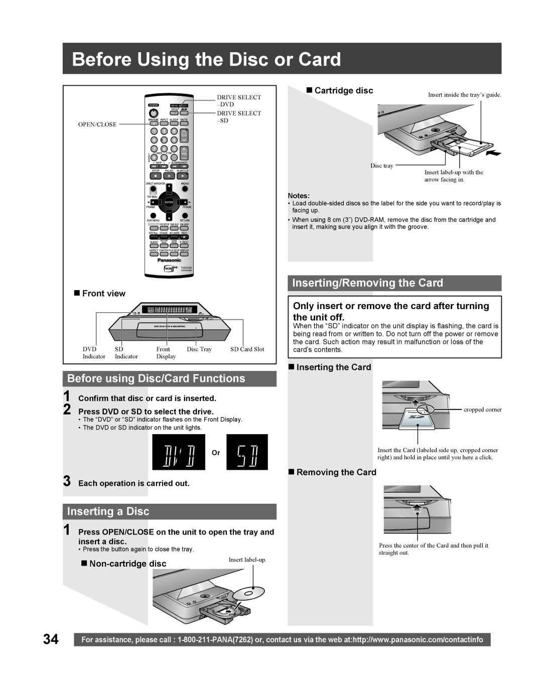 Panasonic TC 22LR30 manual Before Using the Disc or Card, Before using Disc/Card Functions, Inserting a Disc 