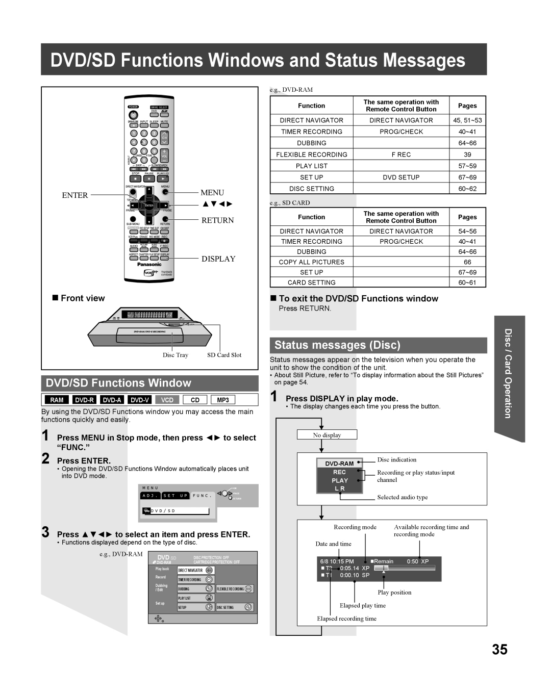 Panasonic TC 22LR30 manual DVD/SD Functions Windows and Status Messages, Status messages Disc 