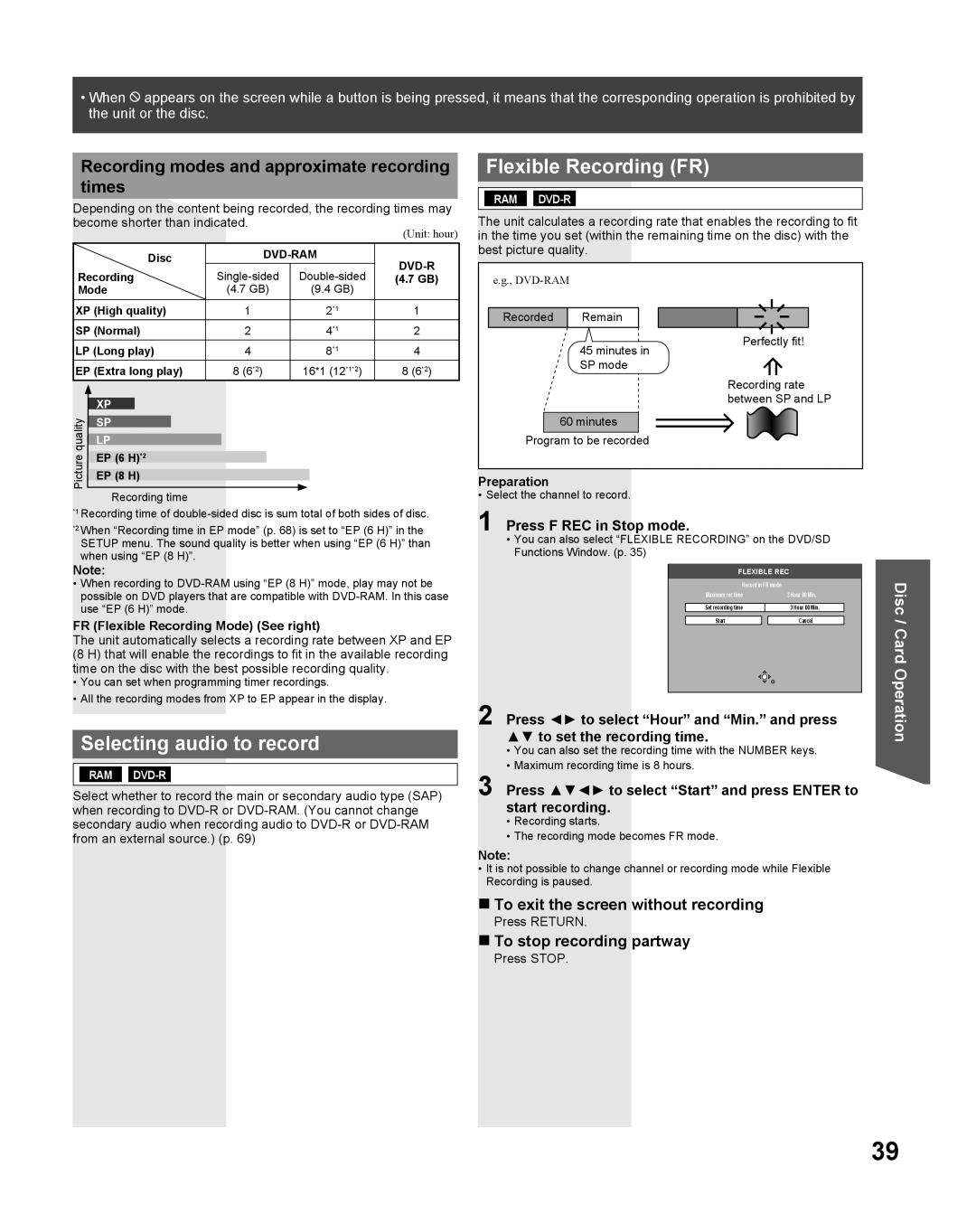 Panasonic TC 22LR30 Selecting audio to record, Flexible Recording FR, Recording modes and approximate recording Times 