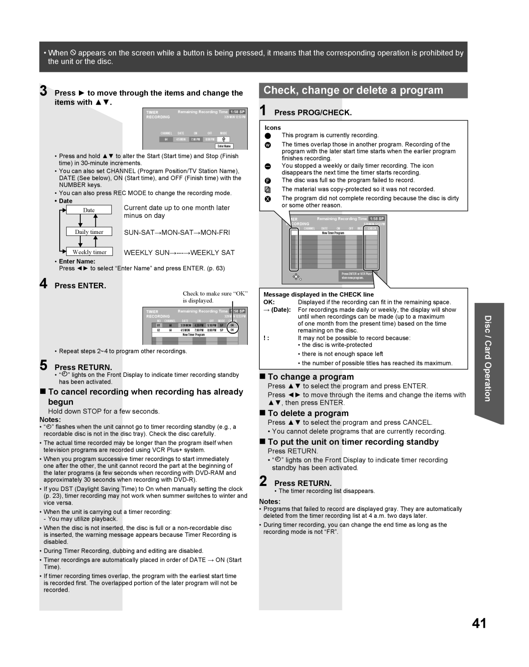 Panasonic TC 22LR30 manual Check, change or delete a program, To cancel recording when recording has already begun 