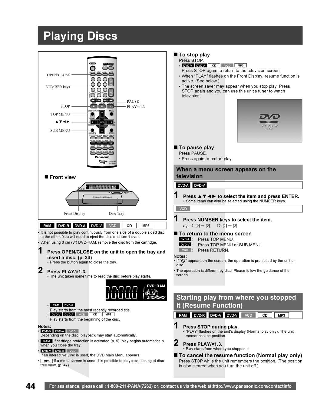 Panasonic TC 22LR30 manual Playing Discs, Starting play from where you stopped it Resume Function 