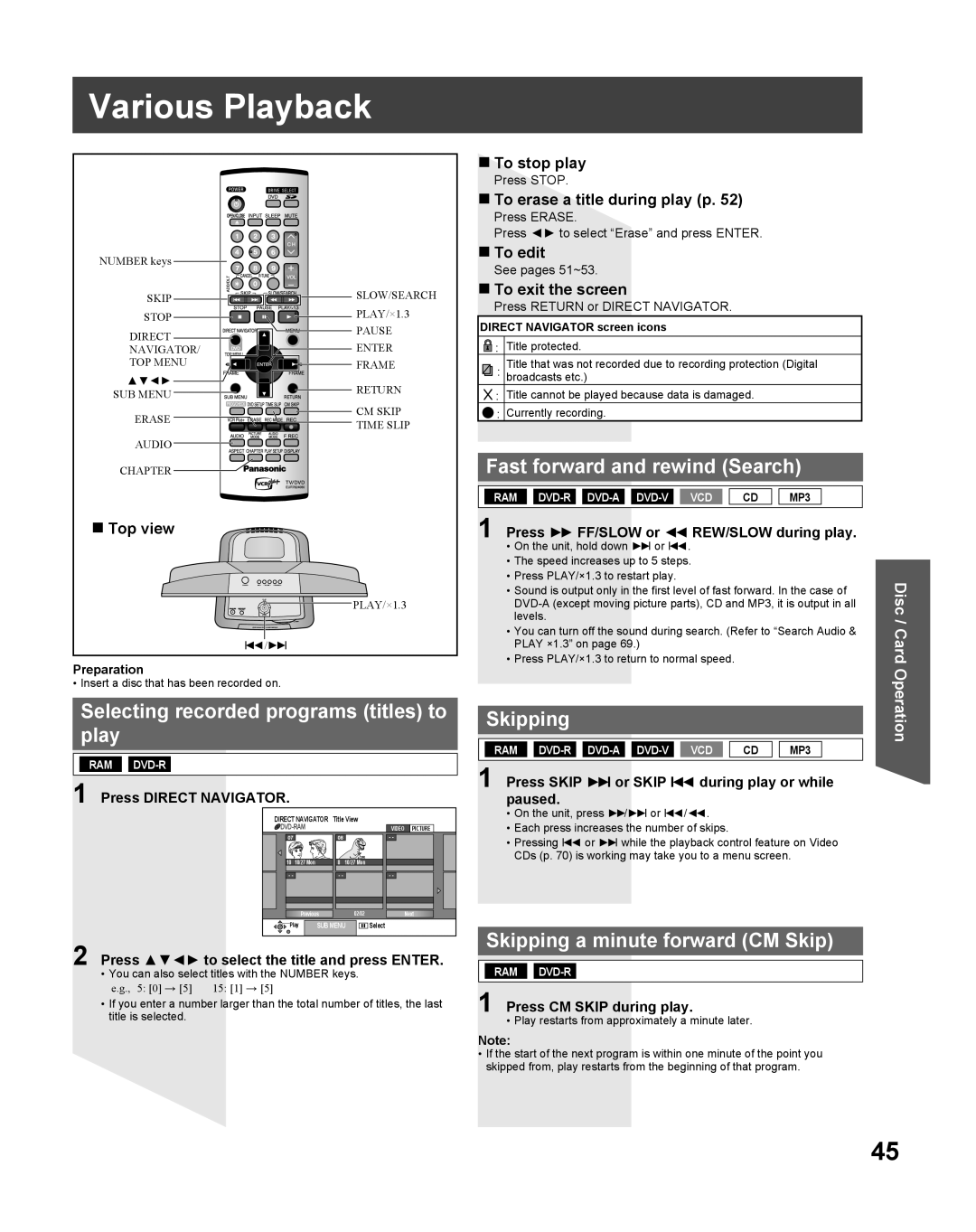 Panasonic TC 22LR30 Various Playback, Selecting recorded programs titles to play, Fast forward and rewind Search, Skipping 