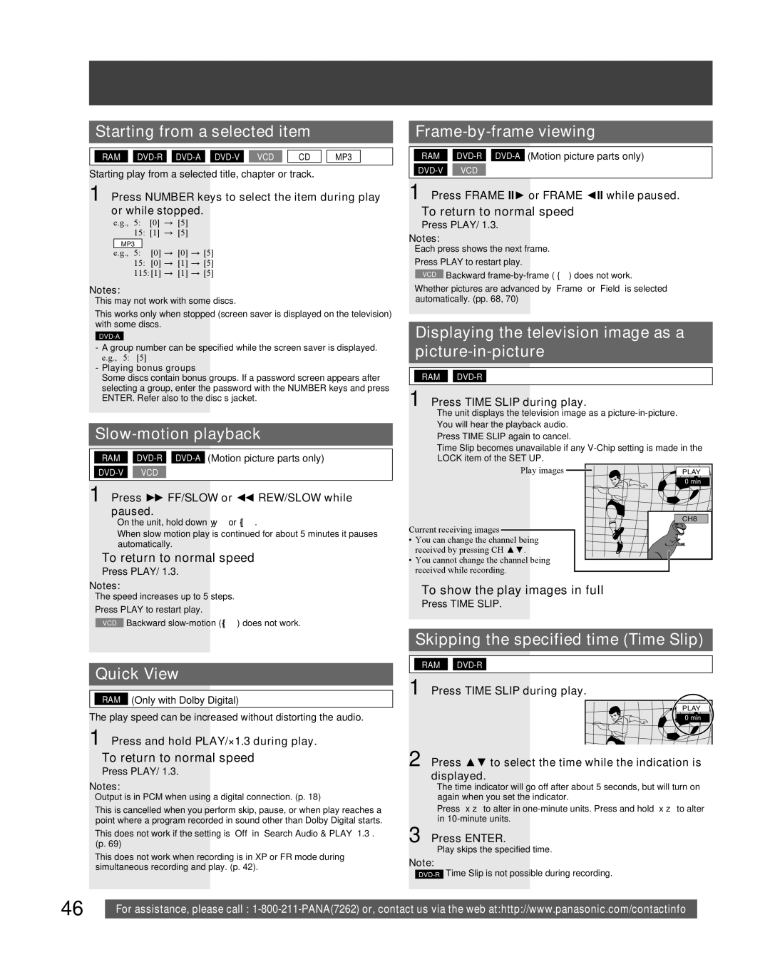 Panasonic TC 22LR30 manual Starting from a selected item, Slow-motion playback, Quick View, Frame-by-frame viewing 