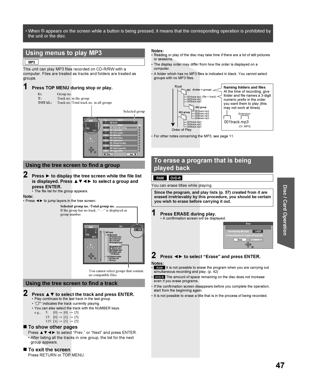 Panasonic TC 22LR30 manual Using menus to play MP3, Played back, Using the tree screen to find a track, To show other pages 