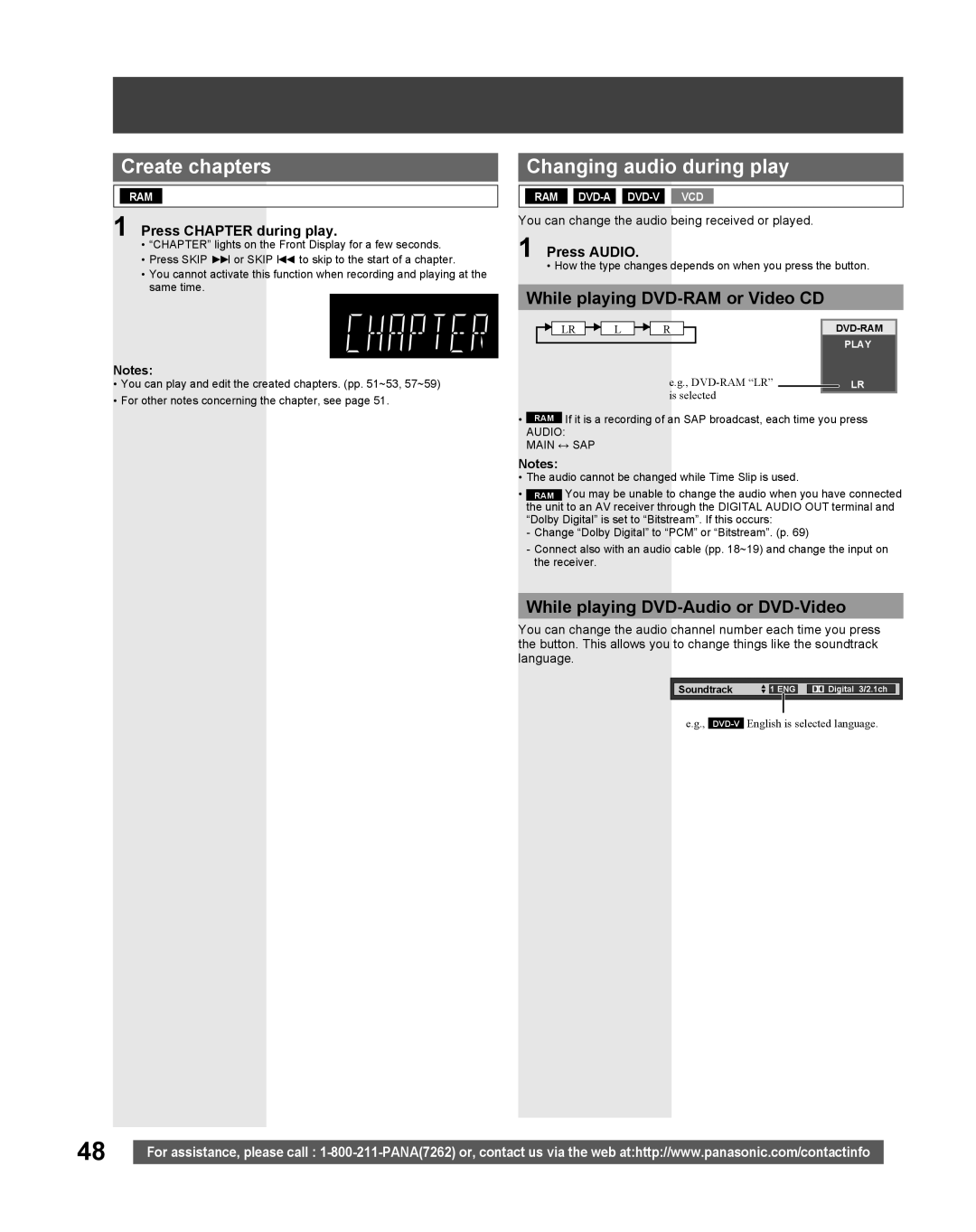 Panasonic TC 22LR30 manual Create chapters, Changing audio during play, While playing DVD-RAM or Video CD 