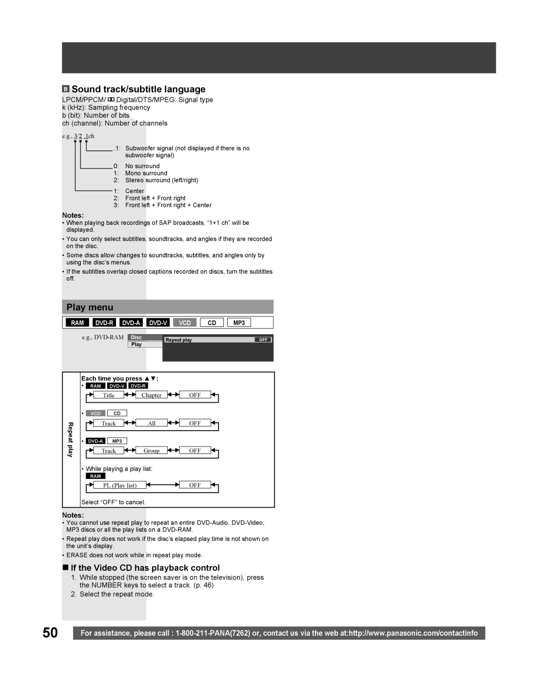 Panasonic TC 22LR30 manual Play menu, If the Video CD has playback control, Repeat play Each time you press 