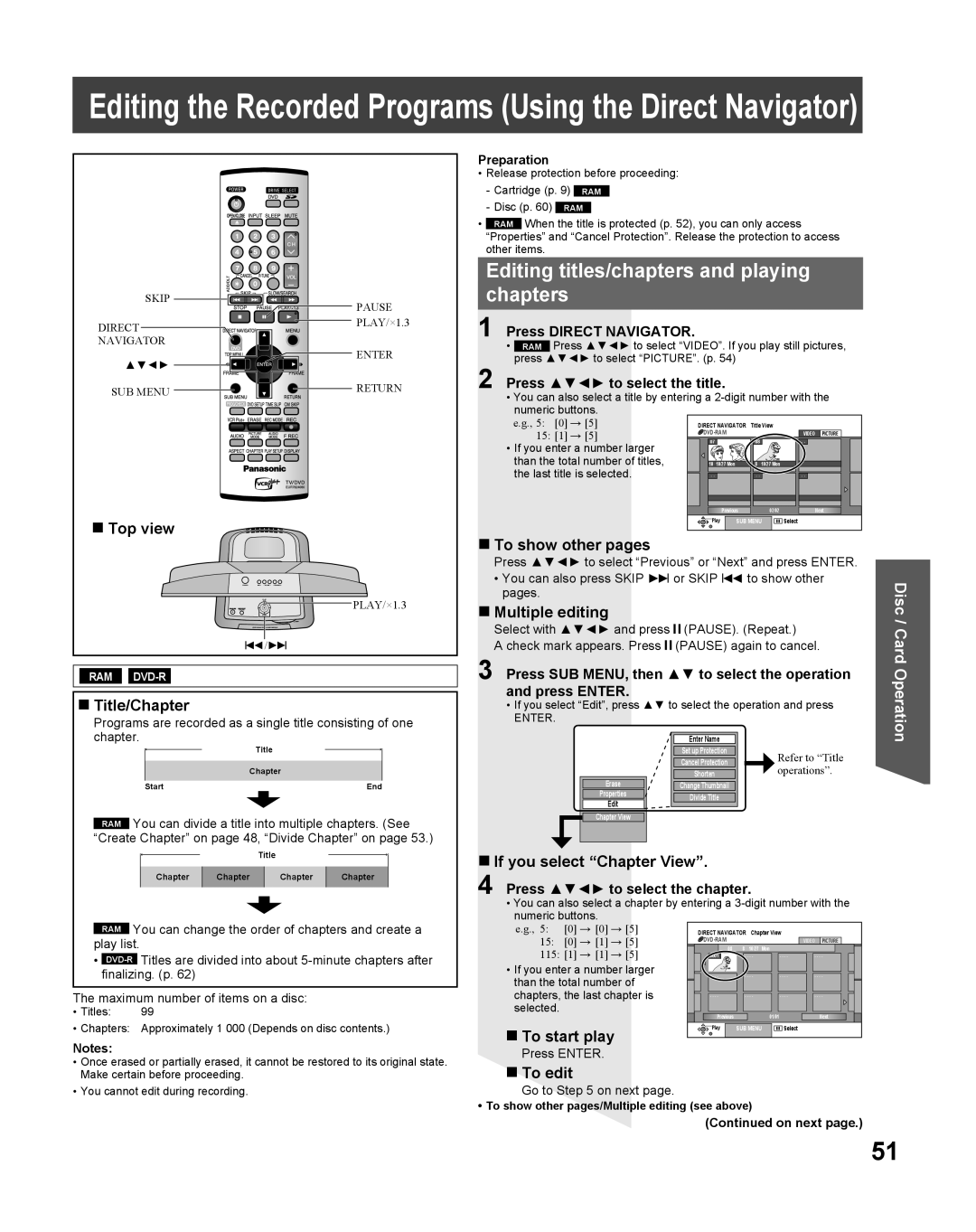 Panasonic TC 22LR30 manual Editing titles/chapters and playing chapters, Title/Chapter, Multiple editing, To start play 