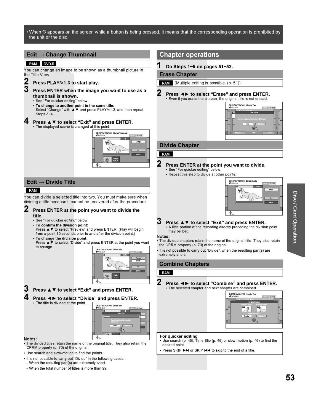 Panasonic TC 22LR30 Chapter operations, Edit → Change Thumbnail, Edit → Divide Title, Divide Chapter, Combine Chapters 