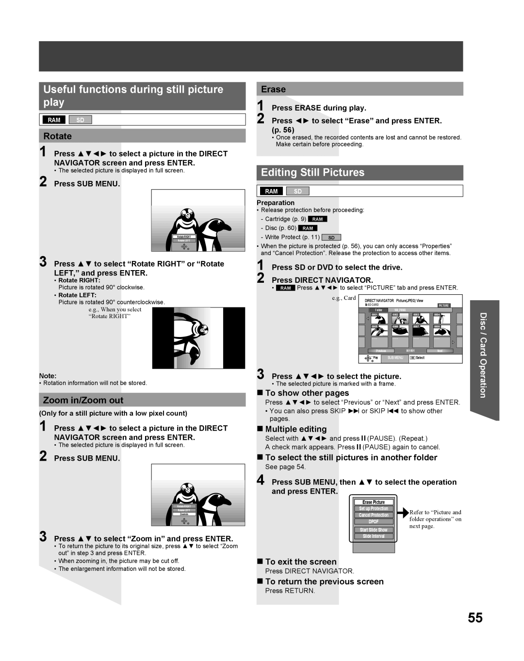 Panasonic TC 22LR30 manual Useful functions during still picture play, Editing Still Pictures, Rotate, Zoom in/Zoom out 