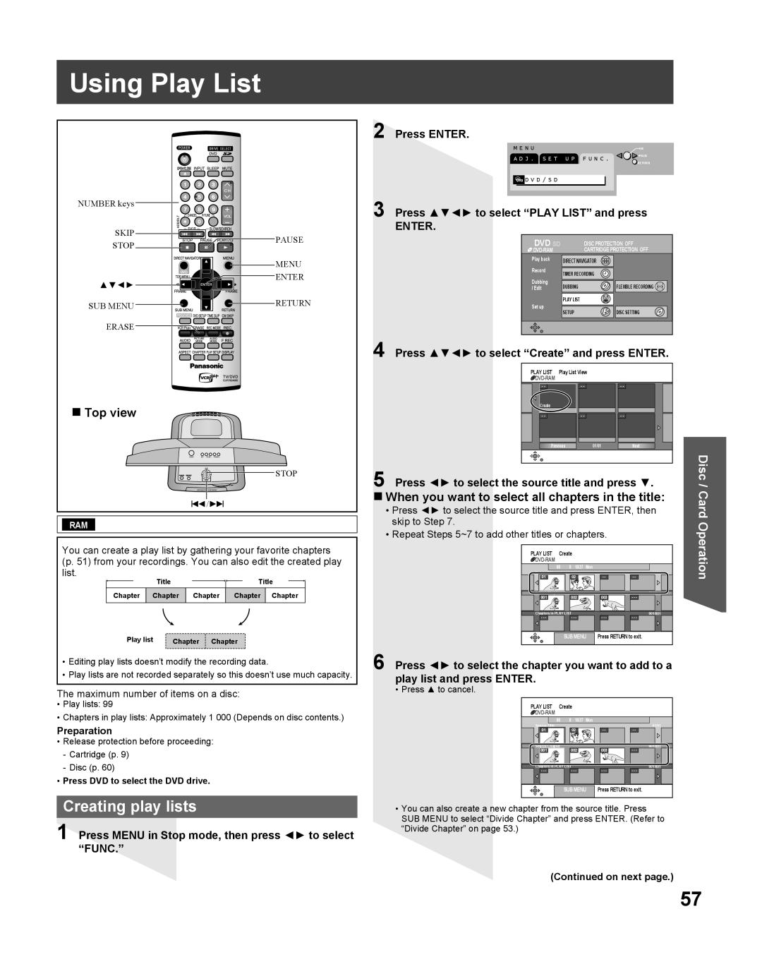 Panasonic TC 22LR30 manual Using Play List, Creating play lists, When you want to select all chapters in the title 