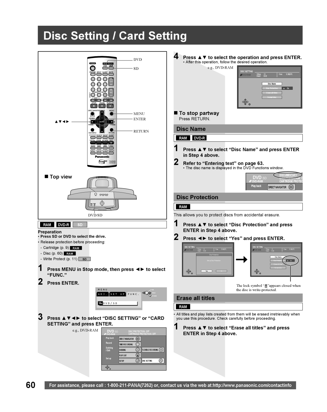 Panasonic TC 22LR30 manual Disc Setting / Card Setting, Disc Name, Disc Protection, Erase all titles, To stop partway 