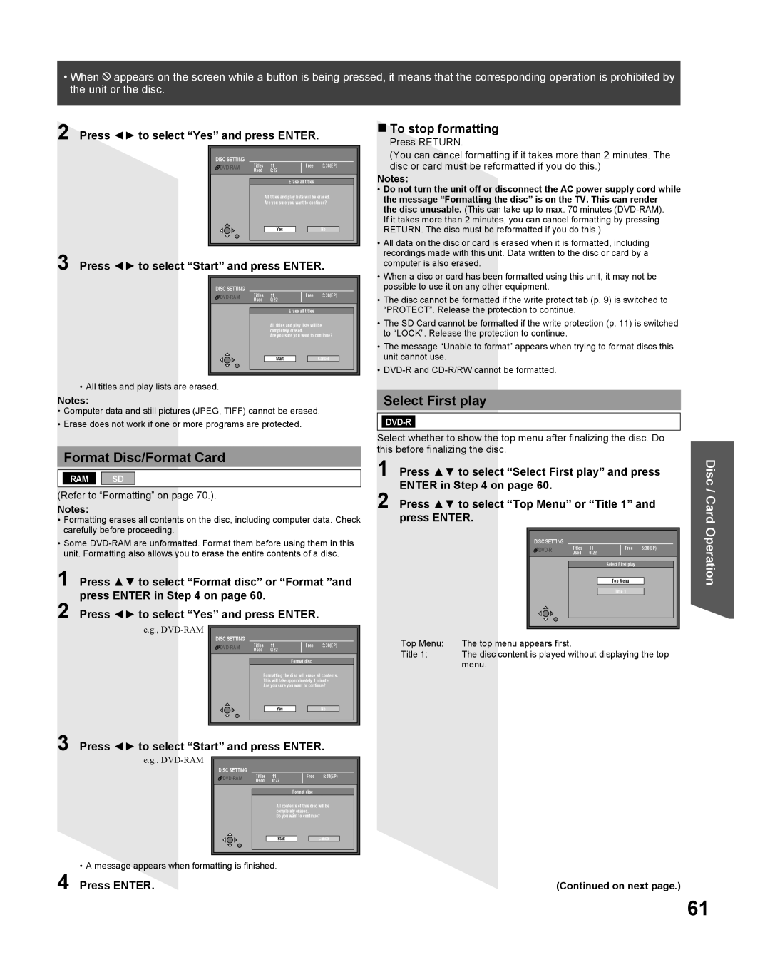 Panasonic TC 22LR30 Select First play, Format Disc/Format Card, To stop formatting, Press to select Start and press Enter 