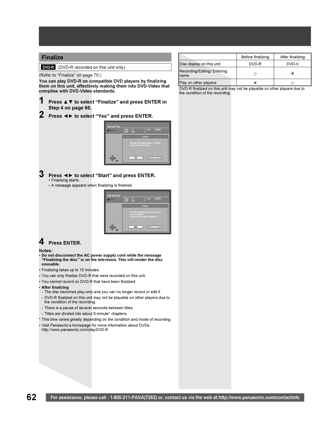 Panasonic TC 22LR30 manual Press to select Finalize and press Enter, After finalizing 