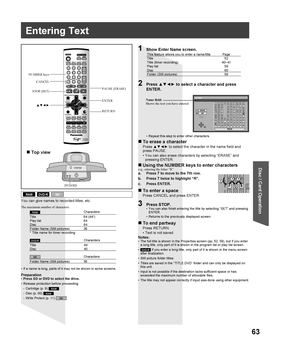 Panasonic TC 22LR30 manual Entering Text, To erase a character, Using the Number keys to enter characters, To end partway 