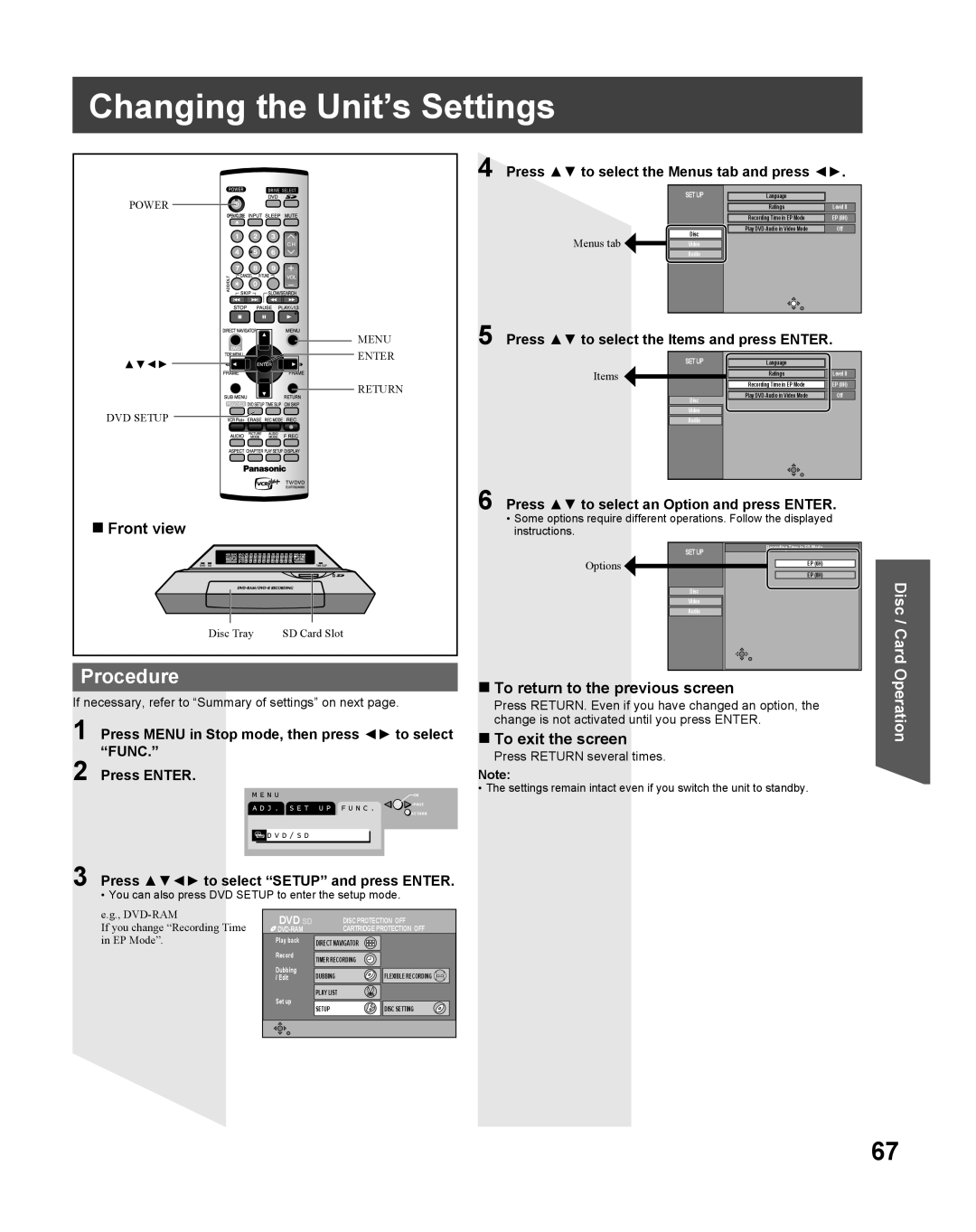 Panasonic TC 22LR30 manual Changing the Unit’s Settings, Press to select Setup and press Enter, Press Return several times 