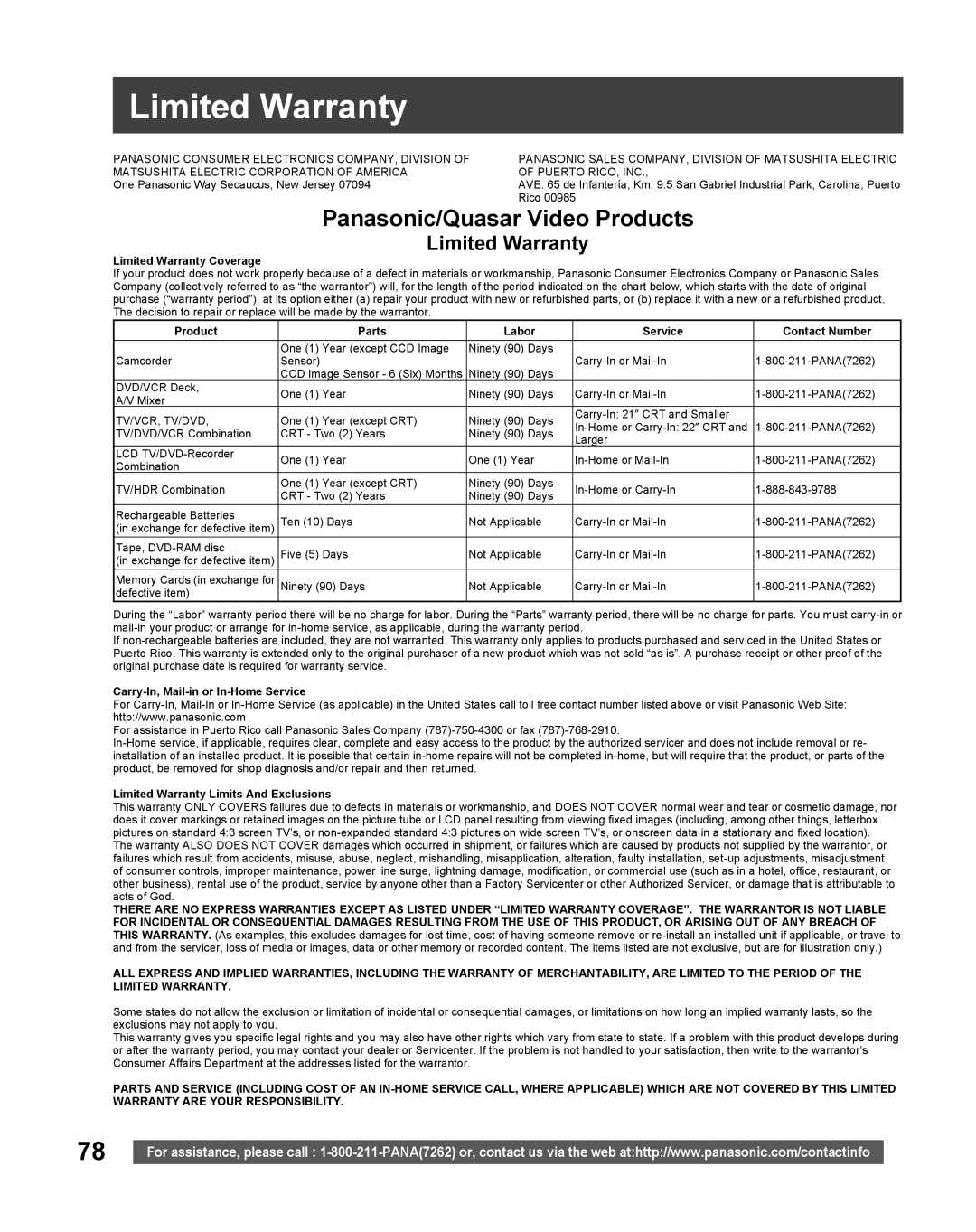 Panasonic TC 22LR30 manual Limited Warranty Coverage, Product Parts Labor Service Contact Number 