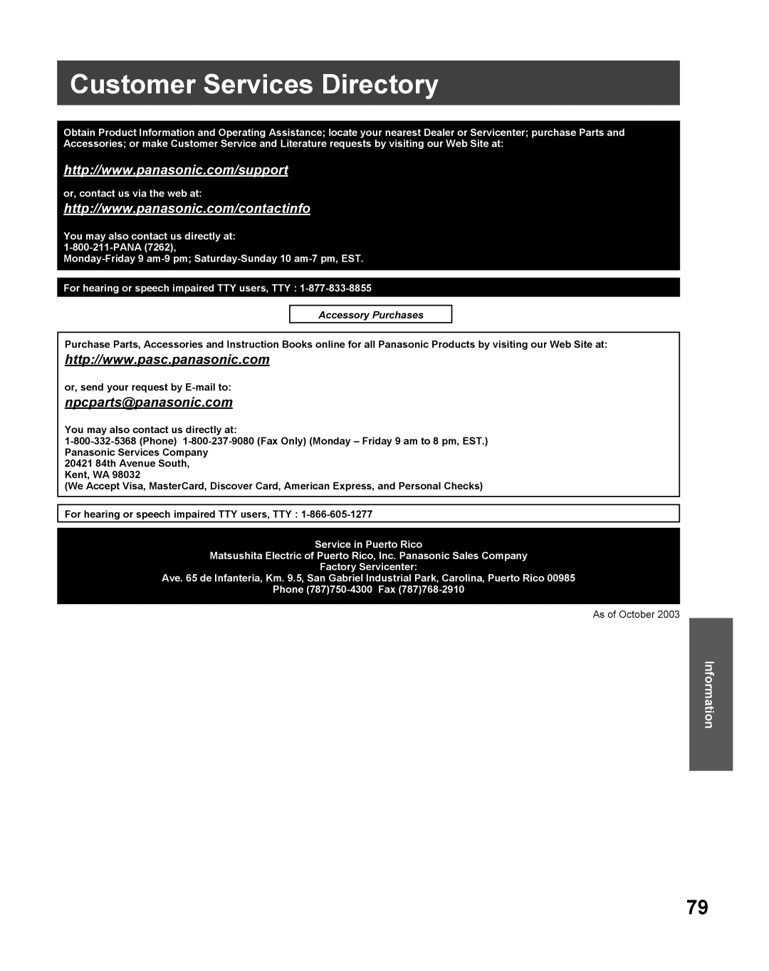 Panasonic TC 22LR30 manual Customer Services Directory, As of October 