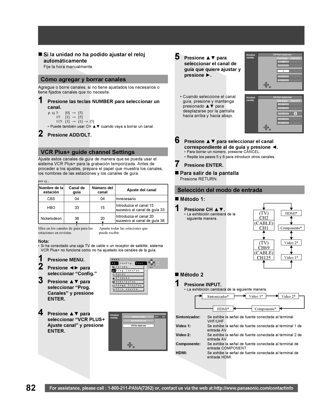 Panasonic TC 22LR30 manual Cómo agregar y borrar canales, VCR Plus+ guide channel Settings, Selección del modo de entrada 