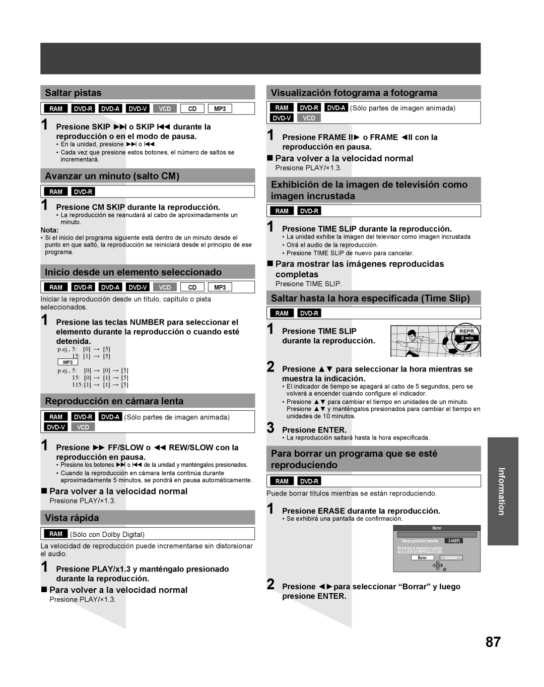 Panasonic TC 22LR30 manual Saltar pistas, Avanzar un minuto salto CM, Inicio desde un elemento seleccionado, Vista rápida 