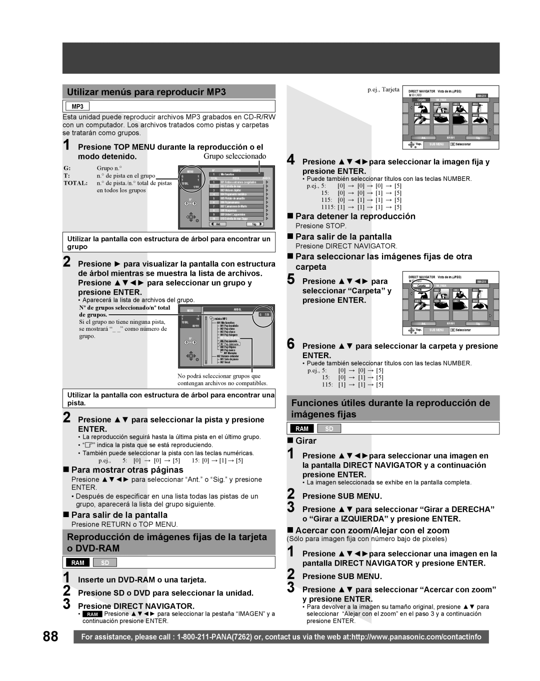 Panasonic TC 22LR30 manual Utilizar menús para reproducir MP3, Reproducción de imágenes fijas de la tarjeta DVD-RAM 