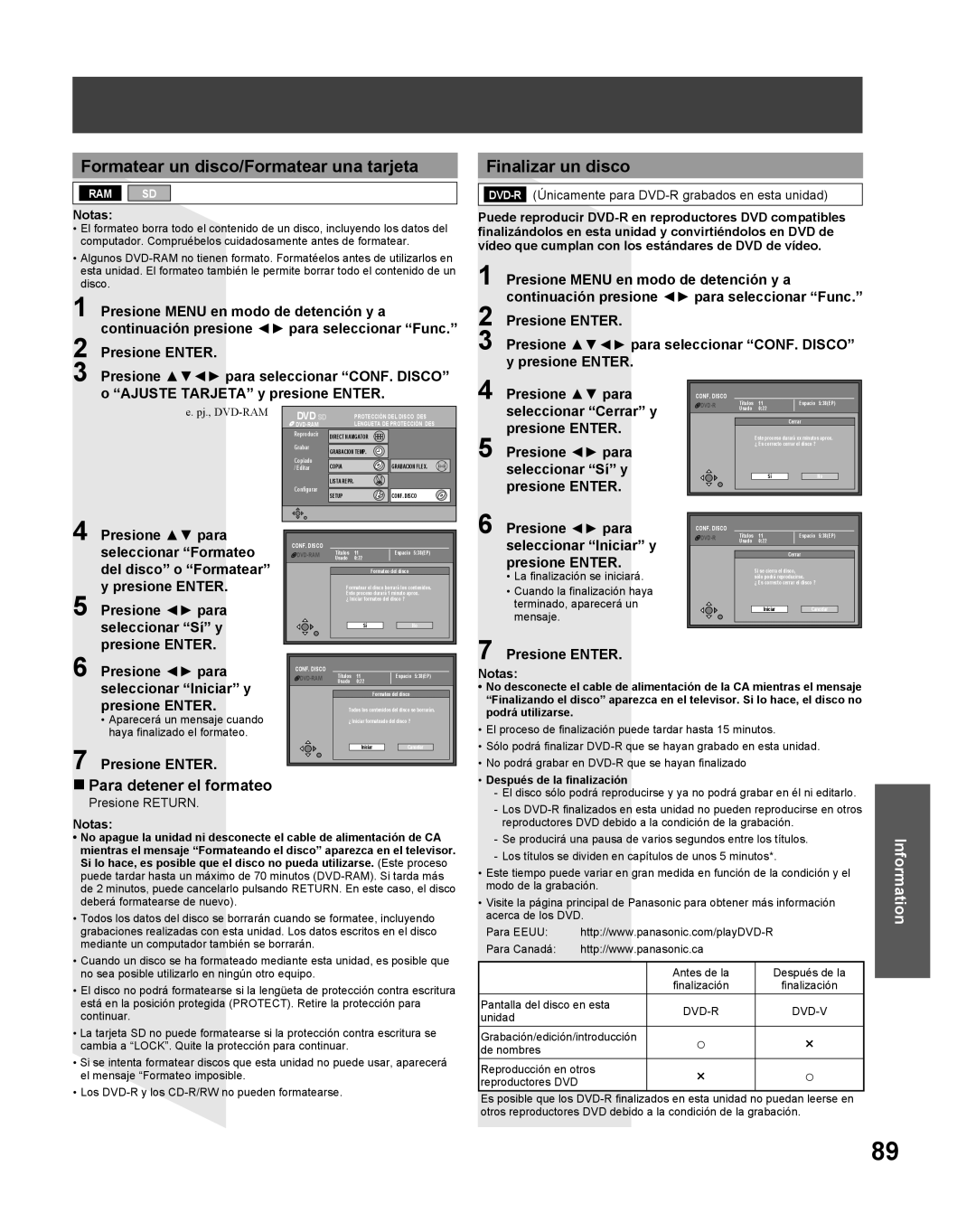 Panasonic TC 22LR30 manual Formatear un disco/Formatear una tarjeta, Finalizar un disco, Para detener el formateo 