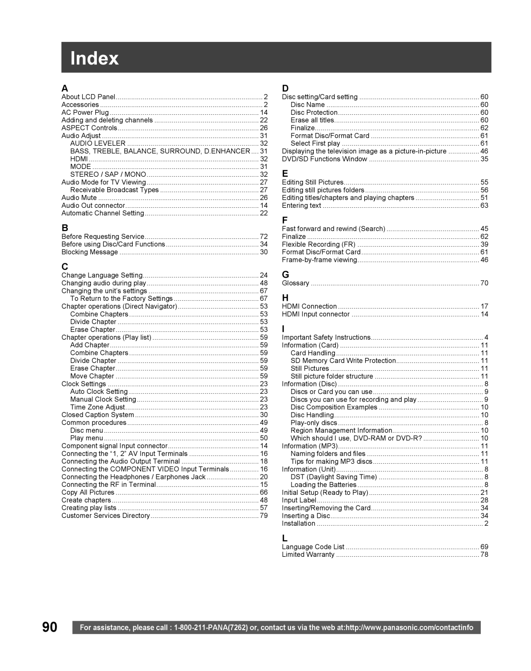 Panasonic TC 22LR30 manual Index, Displaying the television image as a picture-in-picture 