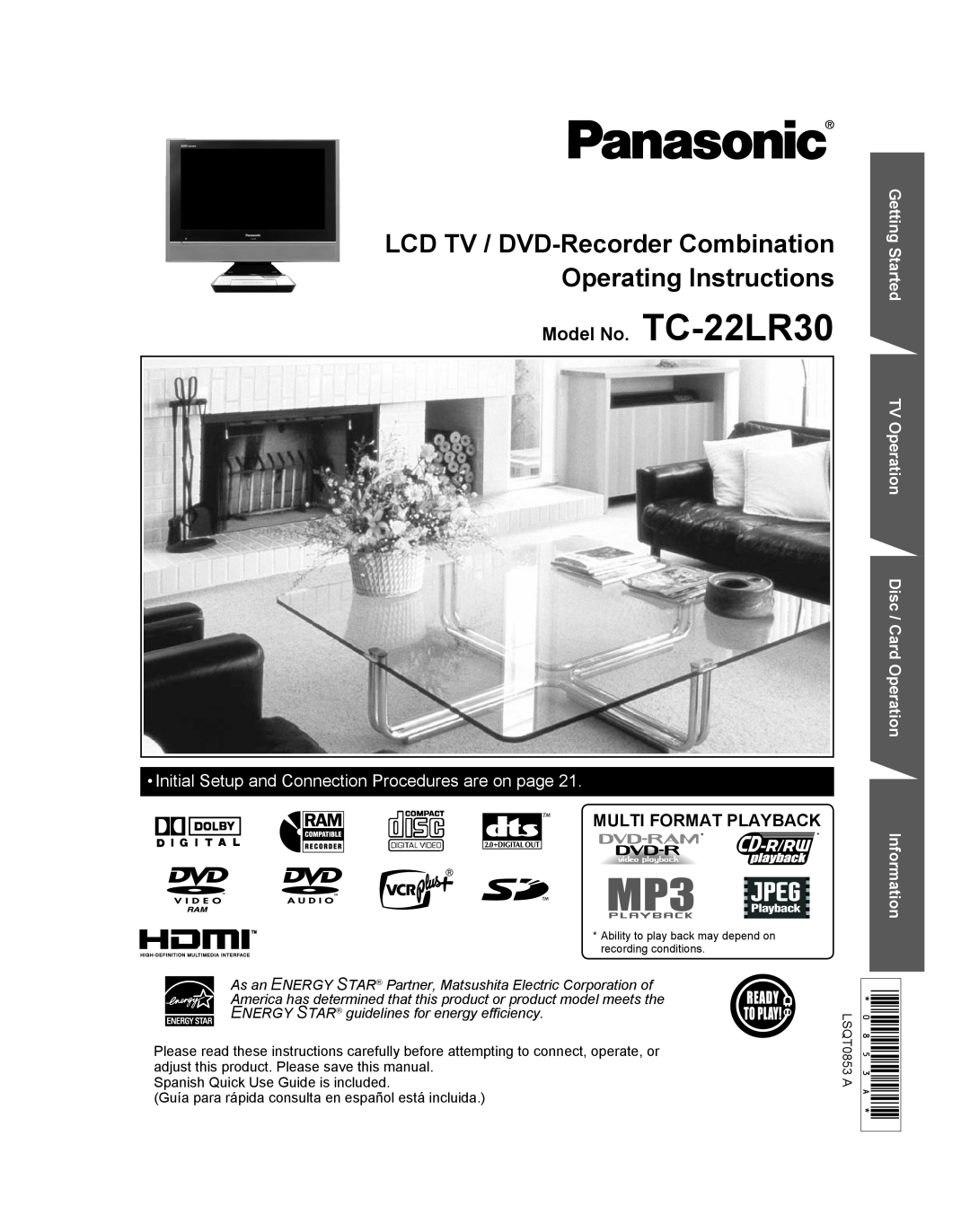 Panasonic TC 22LR30 manual Multi Format Playback, Getting Started TV Operation Disc / Card Operation Information 