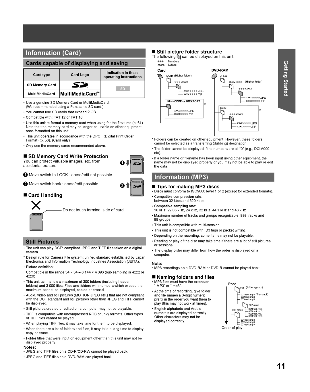 Panasonic TC 22LR30 manual Information Card, Information MP3, Cards capable of displaying and saving, Still Pictures 