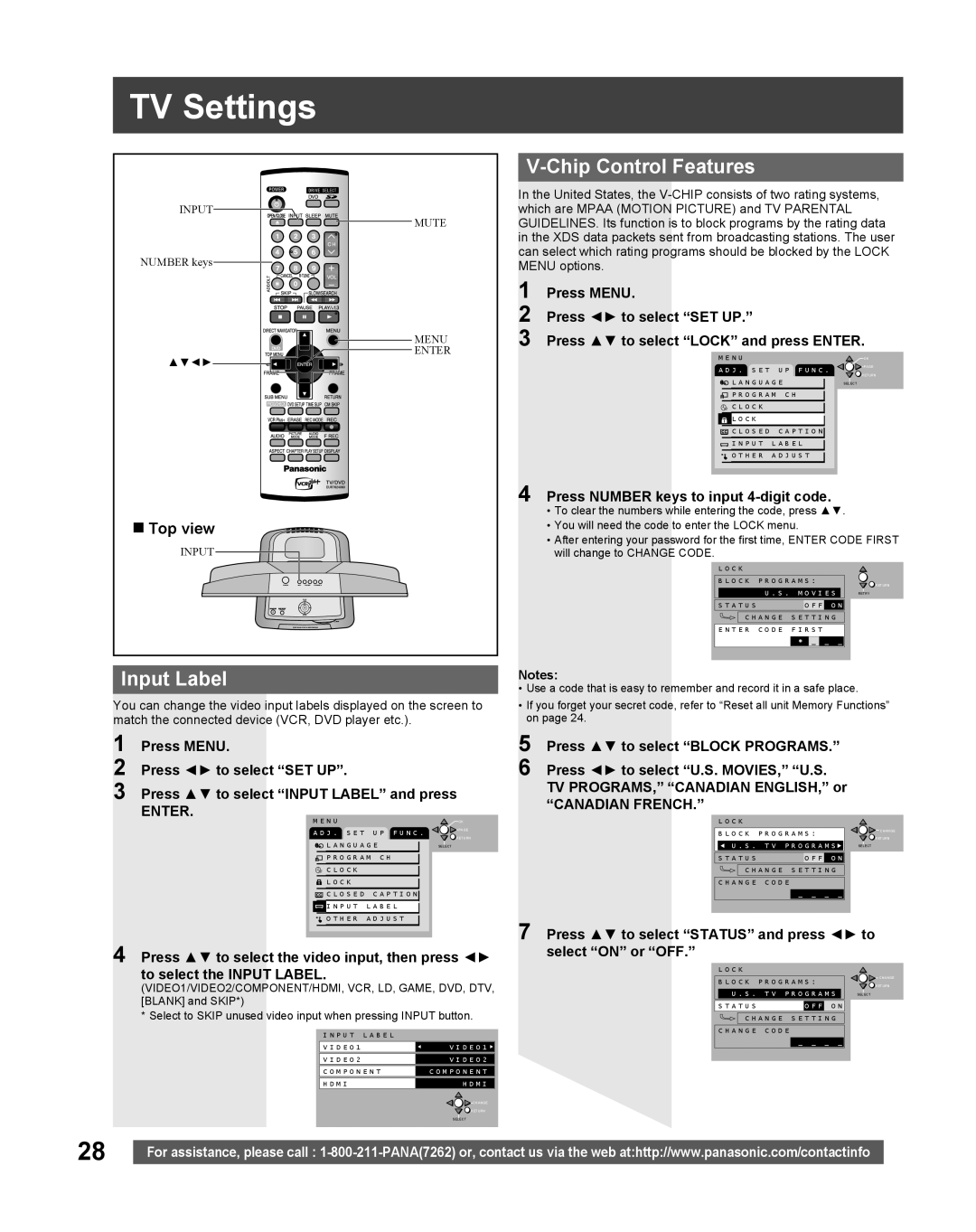 Panasonic TC 22LR30 TV Settings, Input Label, V-Chip Control Features, Top view, Press MENU, Press to select “SET UP” 