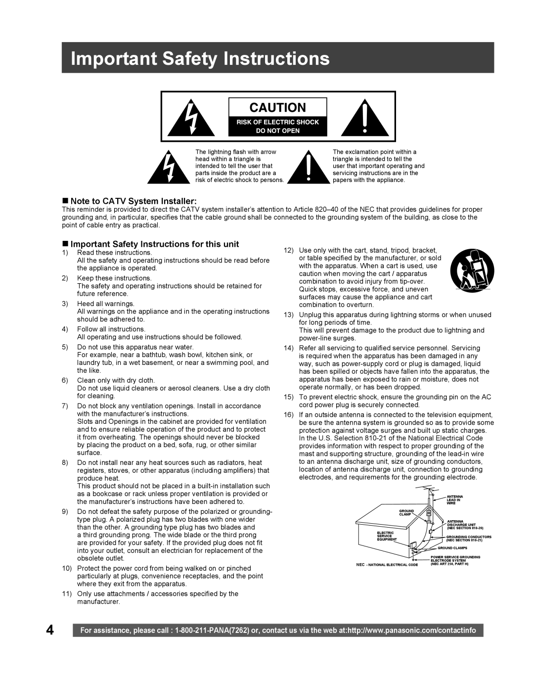 Panasonic TC 22LR30 manual Important Safety Instructions, Note to CATV System Installer 
