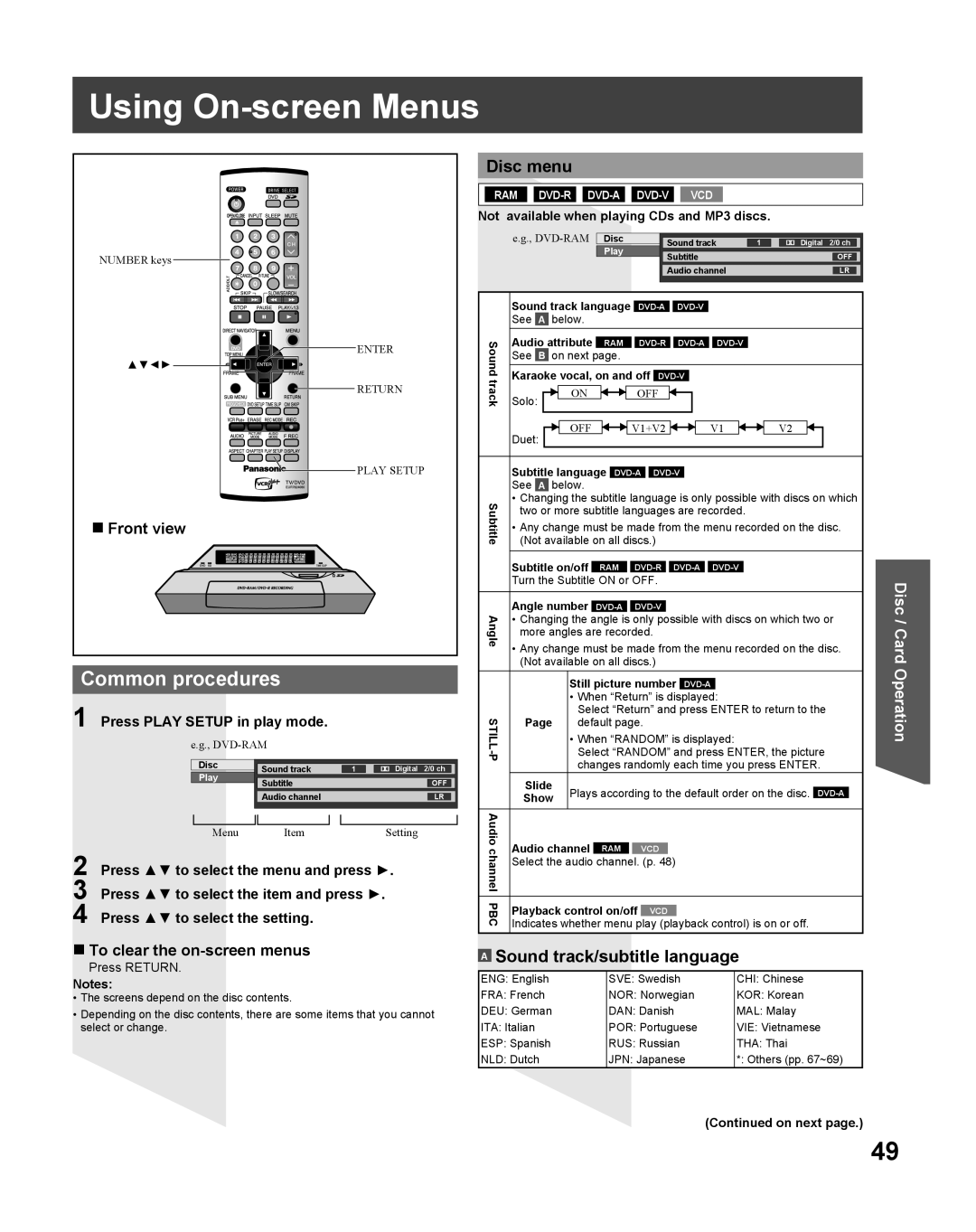 Panasonic TC 22LR30 manual Using On-screen Menus, Common procedures, Disc menu, A Sound track/subtitle language, Front view 