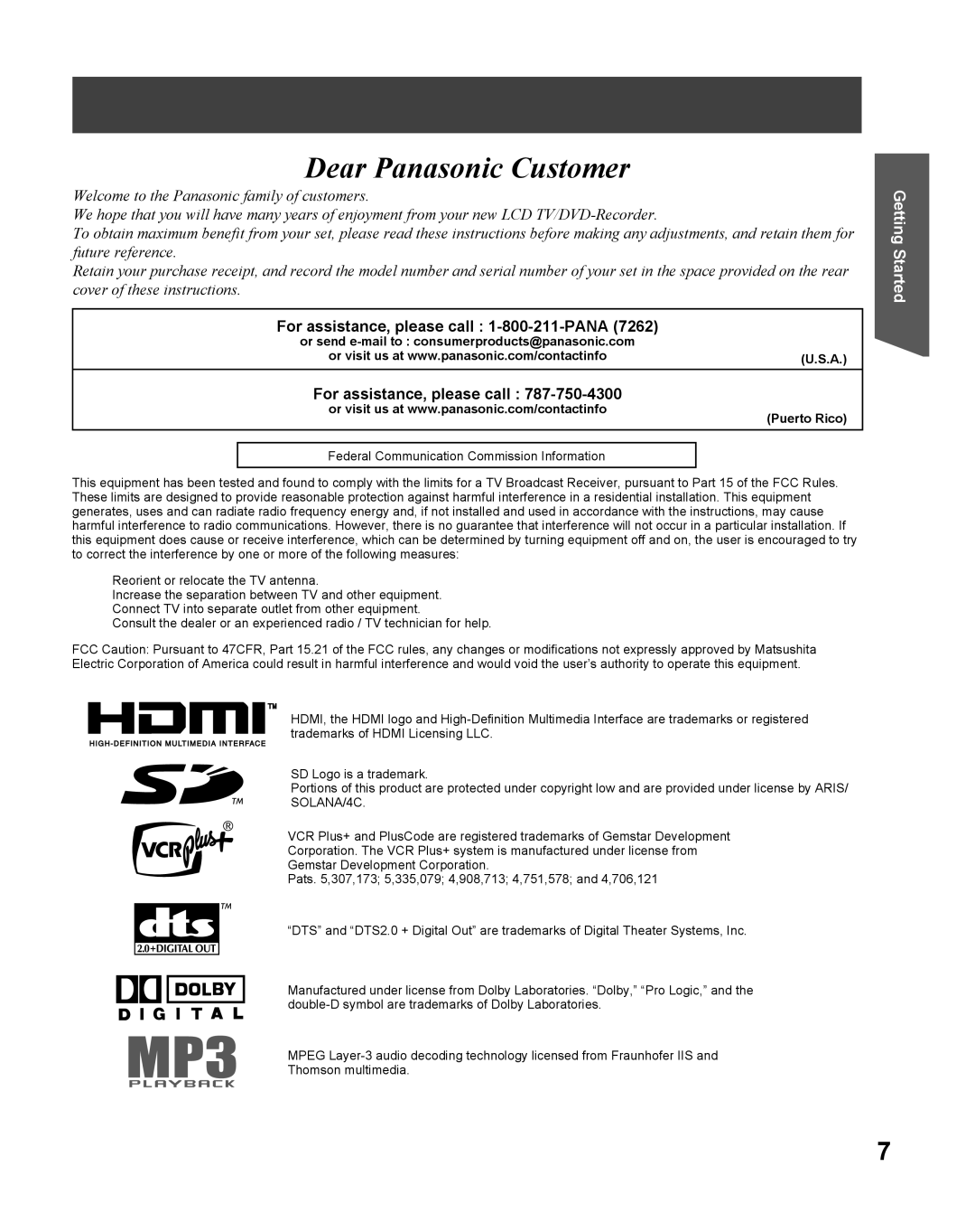 Panasonic TC 22LR30 manual For assistance, please call 1-800-211-PANA, Dear Panasonic Customer, Getting Started 
