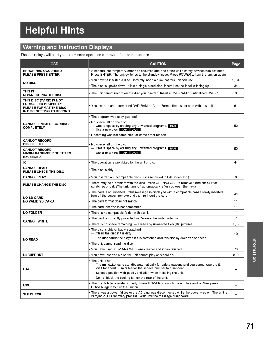 Panasonic TC 22LR30 manual Helpful Hints, Warning and Instruction Displays, Information 
