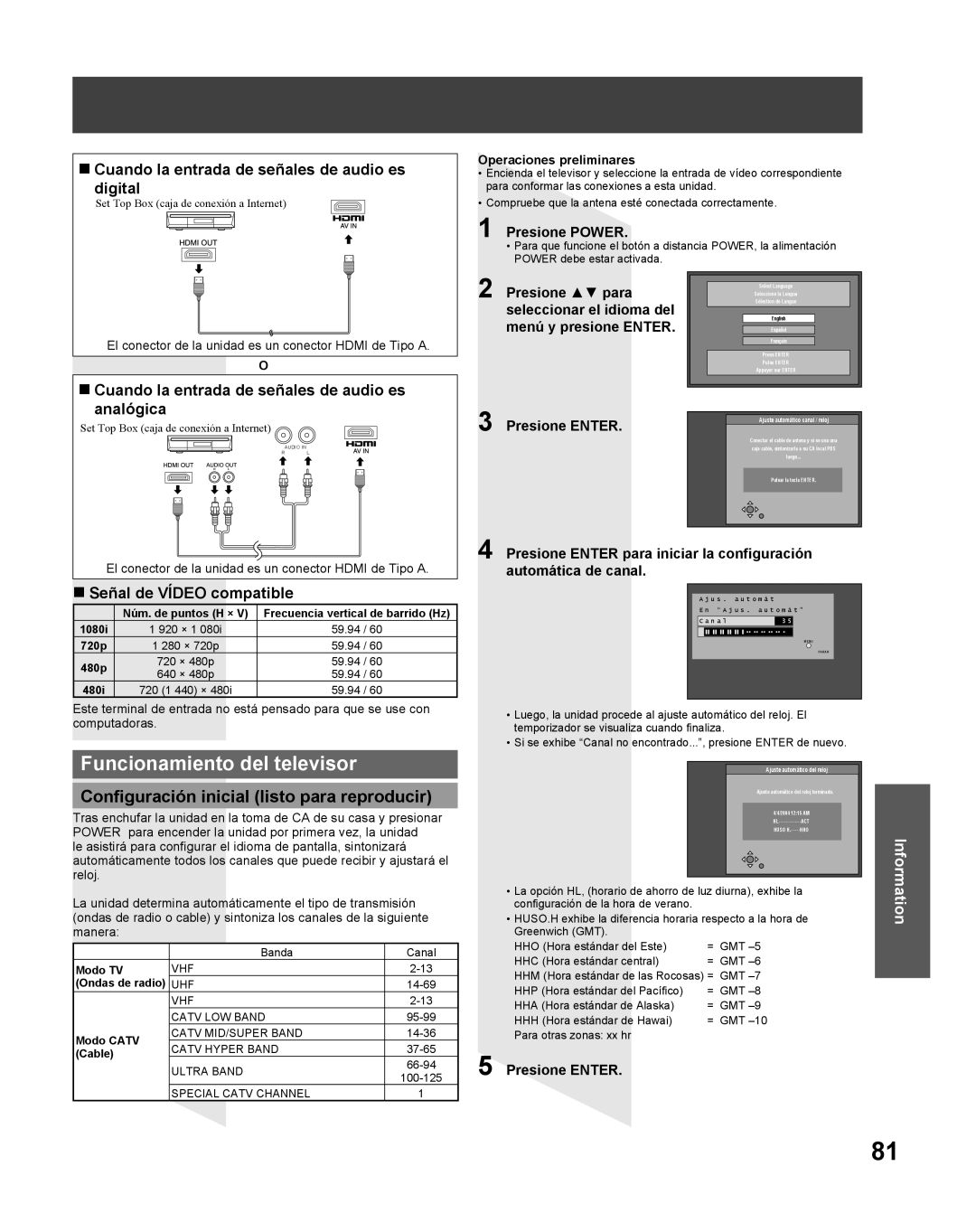 Panasonic TC 22LR30 Funcionamiento del televisor, Configuración inicial listo para reproducir, Señal de VÍDEO compatible 