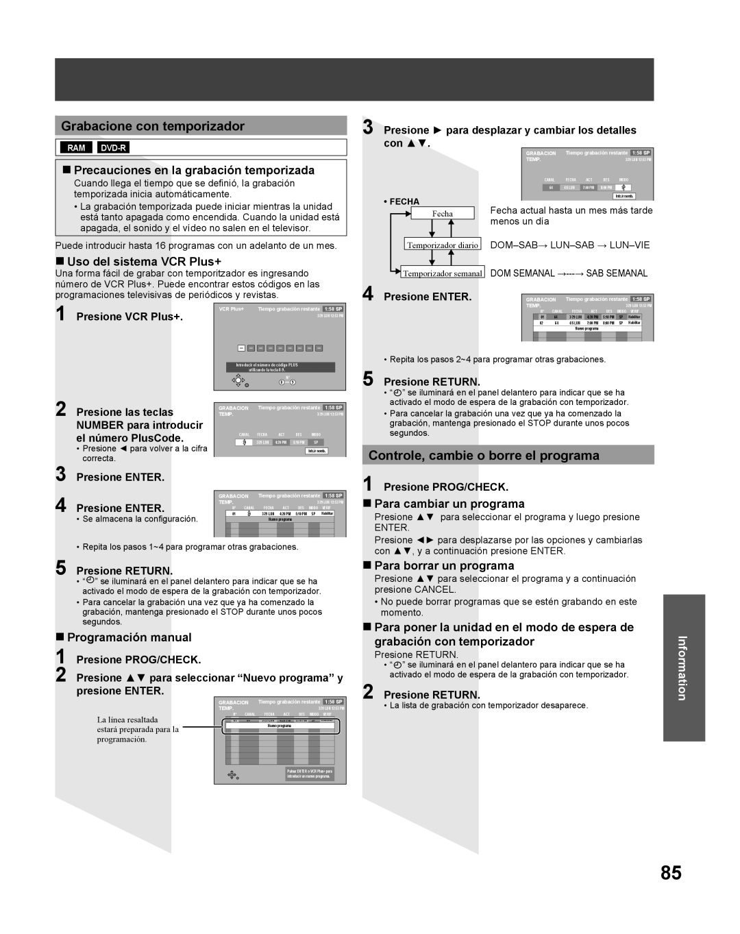 Panasonic TC 22LR30 manual Grabacione con temporizador, Controle, cambie o borre el programa, Uso del sistema VCR Plus+ 