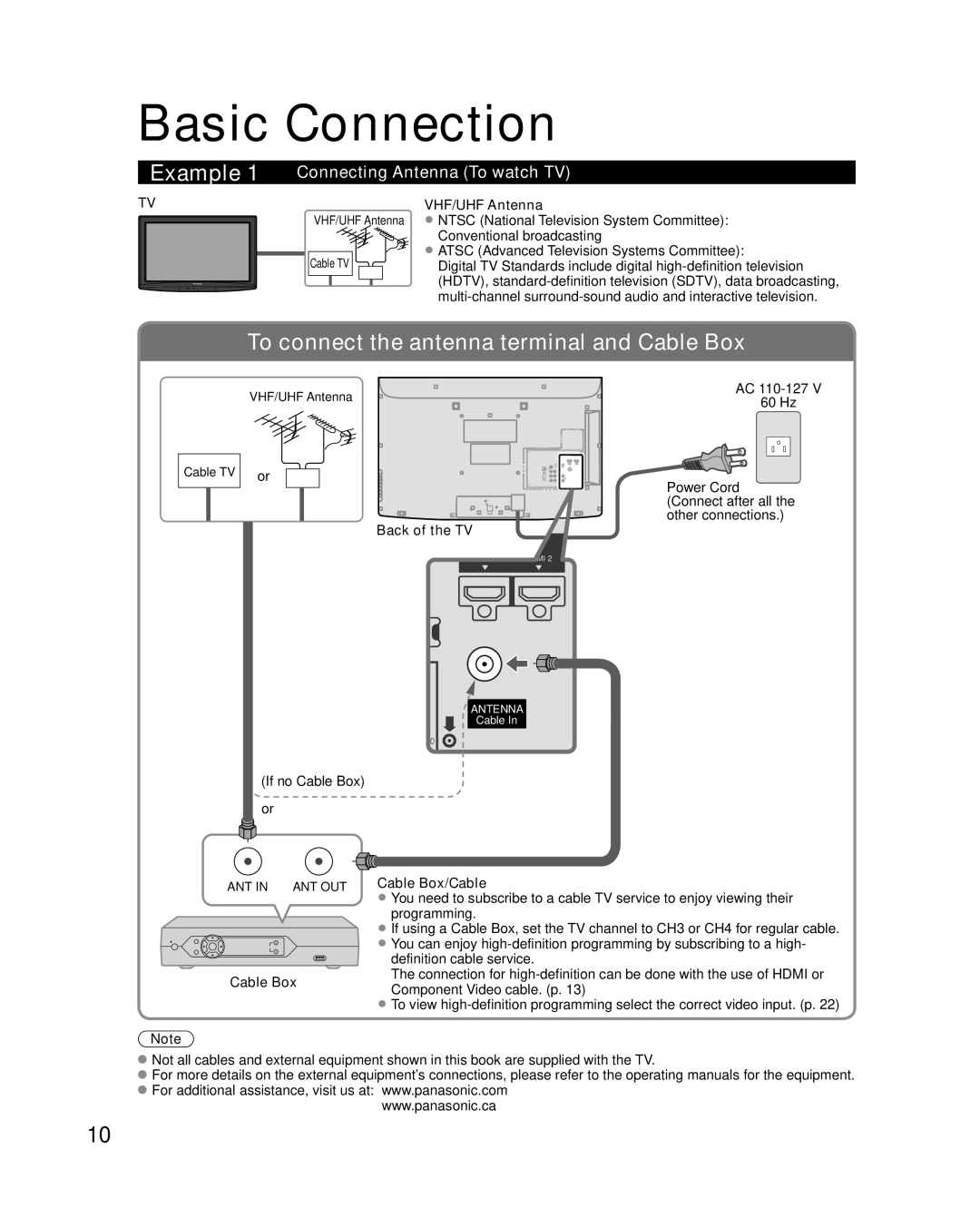 Panasonic TC-26LX14 Basic Connection, Connecting Antenna To watch TV, VHF/UHF Antenna, Back, Cable Box Cable Box/Cable 