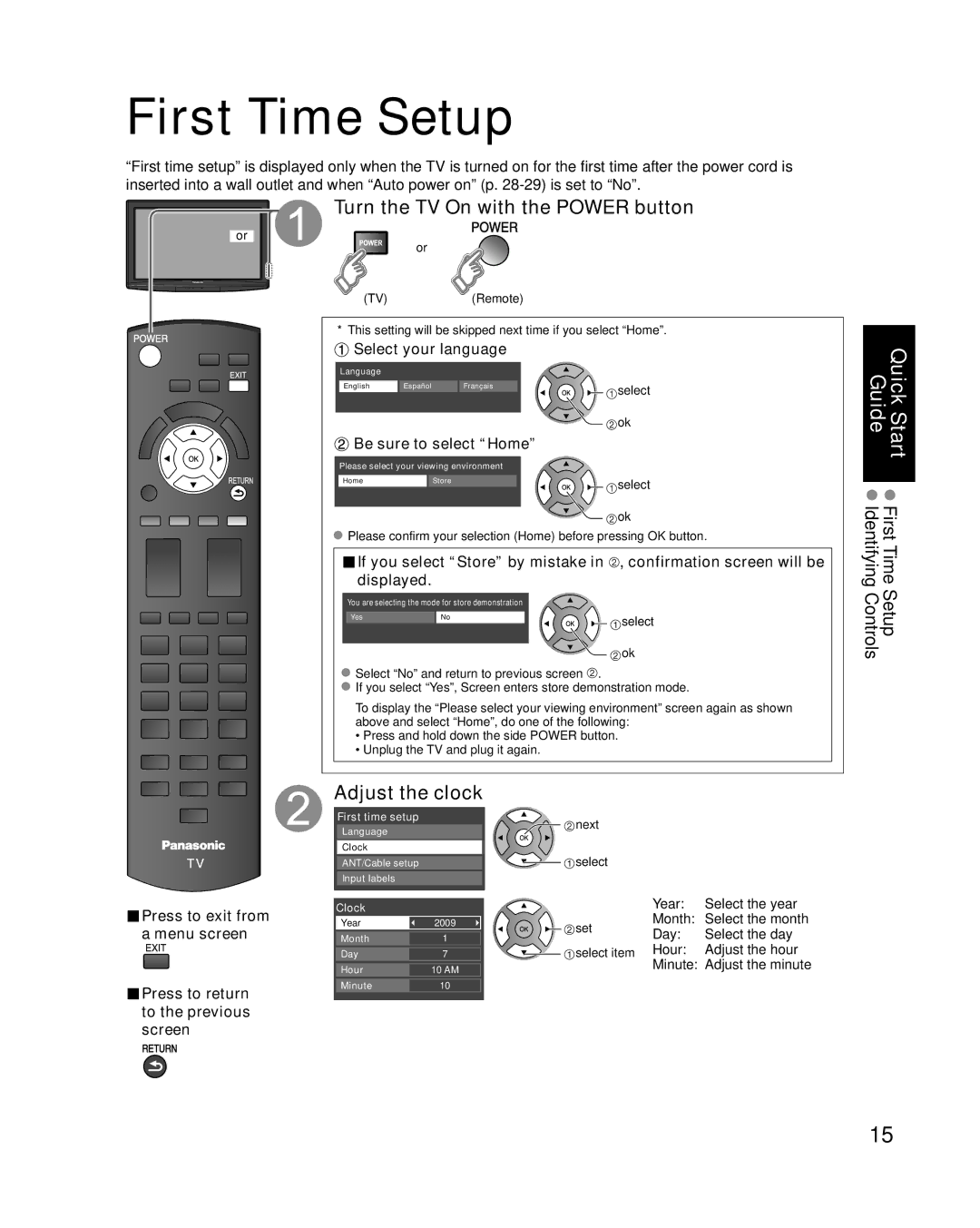 Panasonic TC-26LX14 First Time Setup, Turn the TV On with the Power button, Adjust the clock, Select your language 