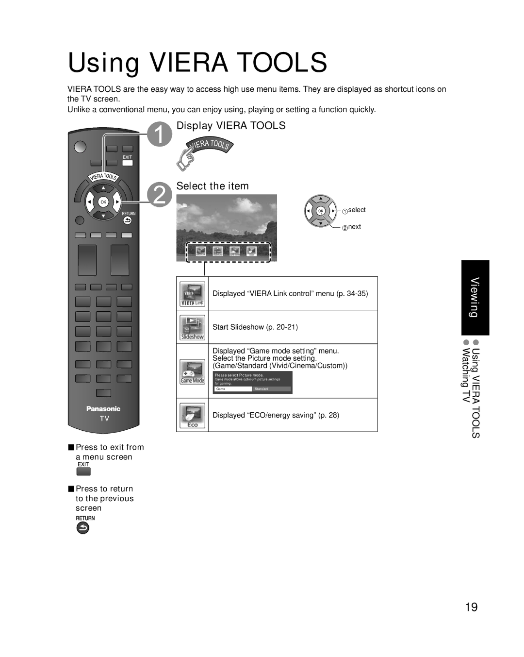 Panasonic TC-26LX14 quick start Using Viera Tools, Display Viera Tools Select the item, Select next 