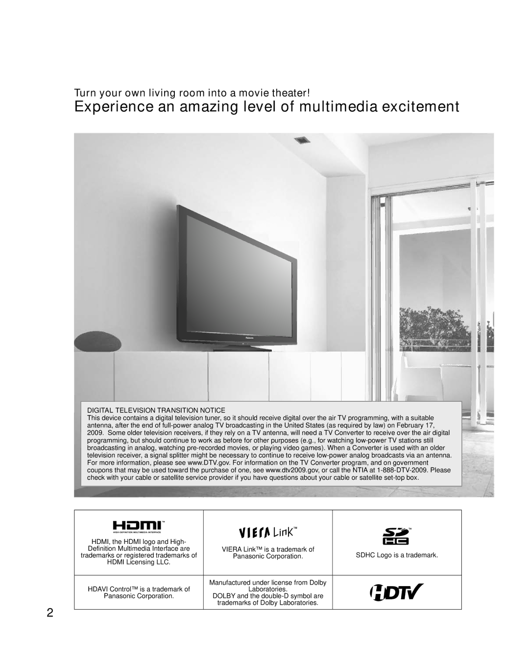 Panasonic TC-26LX14 Turn your own living room into a movie theater, HDMI, the Hdmi logo and High, Sdhc Logo is a trademark 