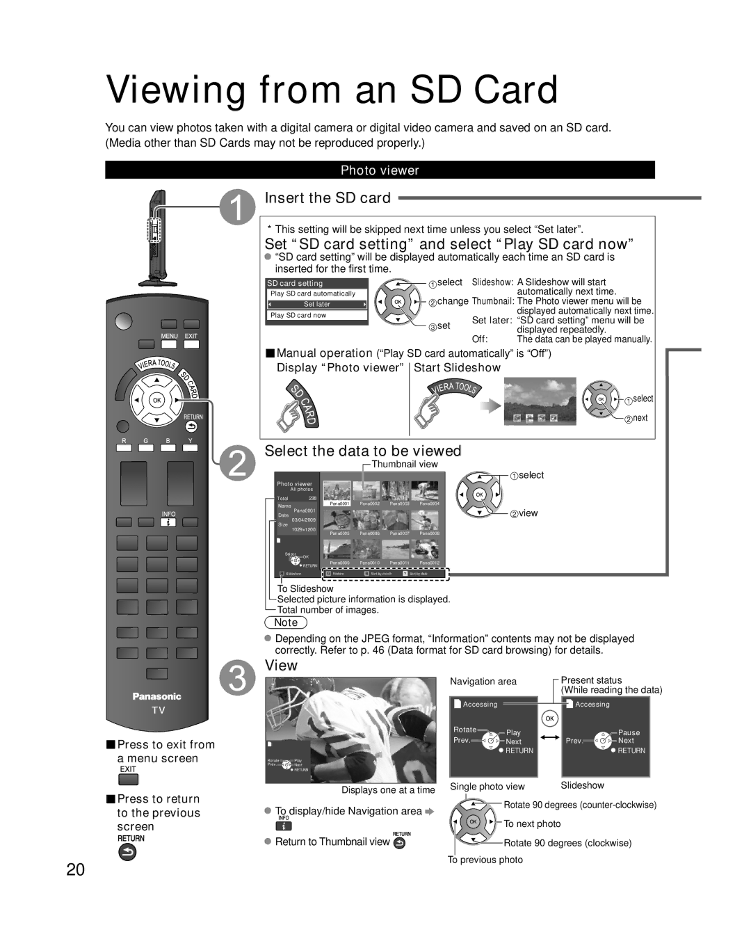 Panasonic TC-26LX14 Viewing from an SD Card, Insert the SD card, Set SD card setting and select Play SD card now 