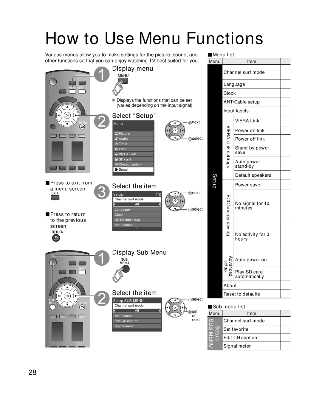 Panasonic TC-26LX14 quick start Display Sub Menu, Sub menu list 