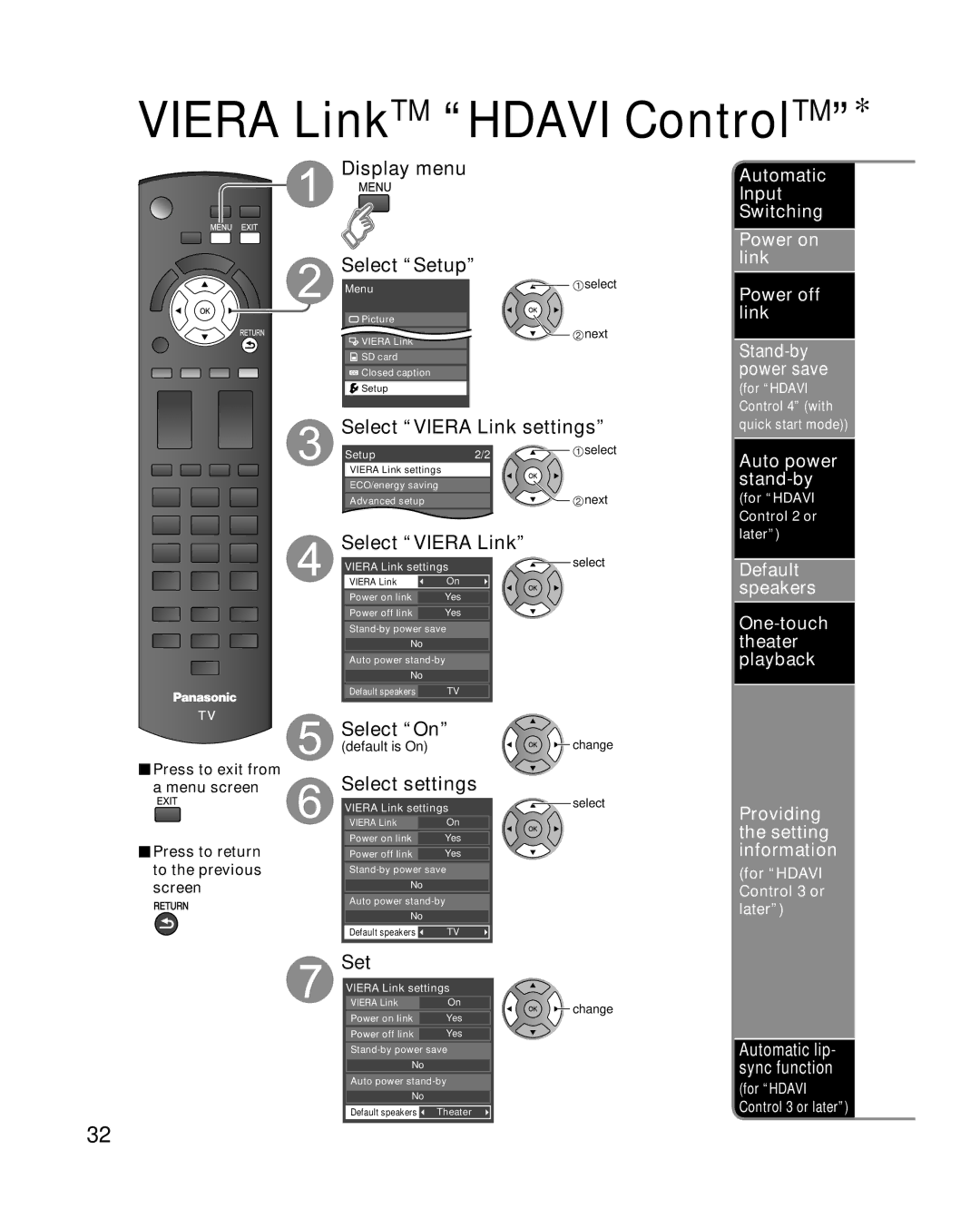 Panasonic TC-26LX14 Select settings, Set, Automatic Input Switching Power on link Power off link, Auto power stand-by 