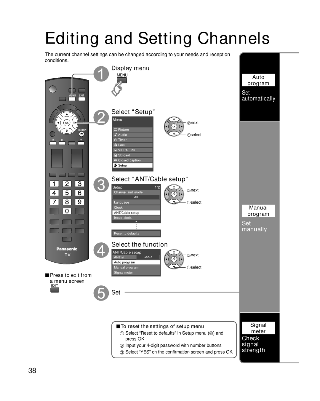 Panasonic TC-26LX14 quick start Editing and Setting Channels, Select ANT/Cable setup, Set manually, Check signal strength 