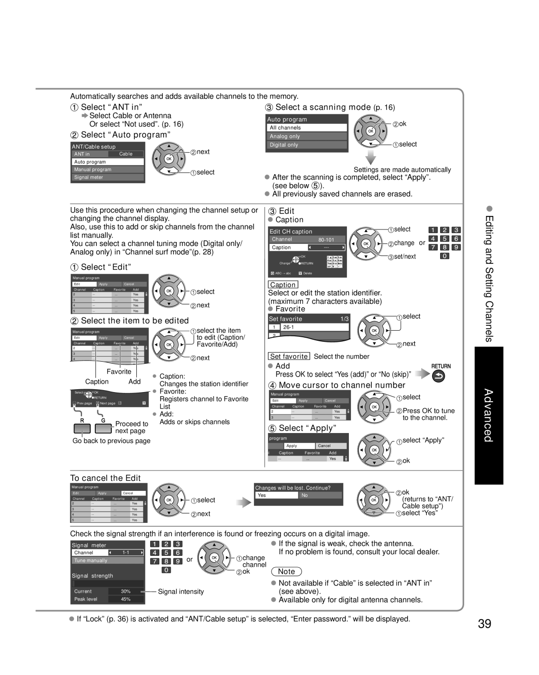 Panasonic TC-26LX14 Select a scanning mode p, Select Edit, Select the item to be edited, Move cursor to channel number 