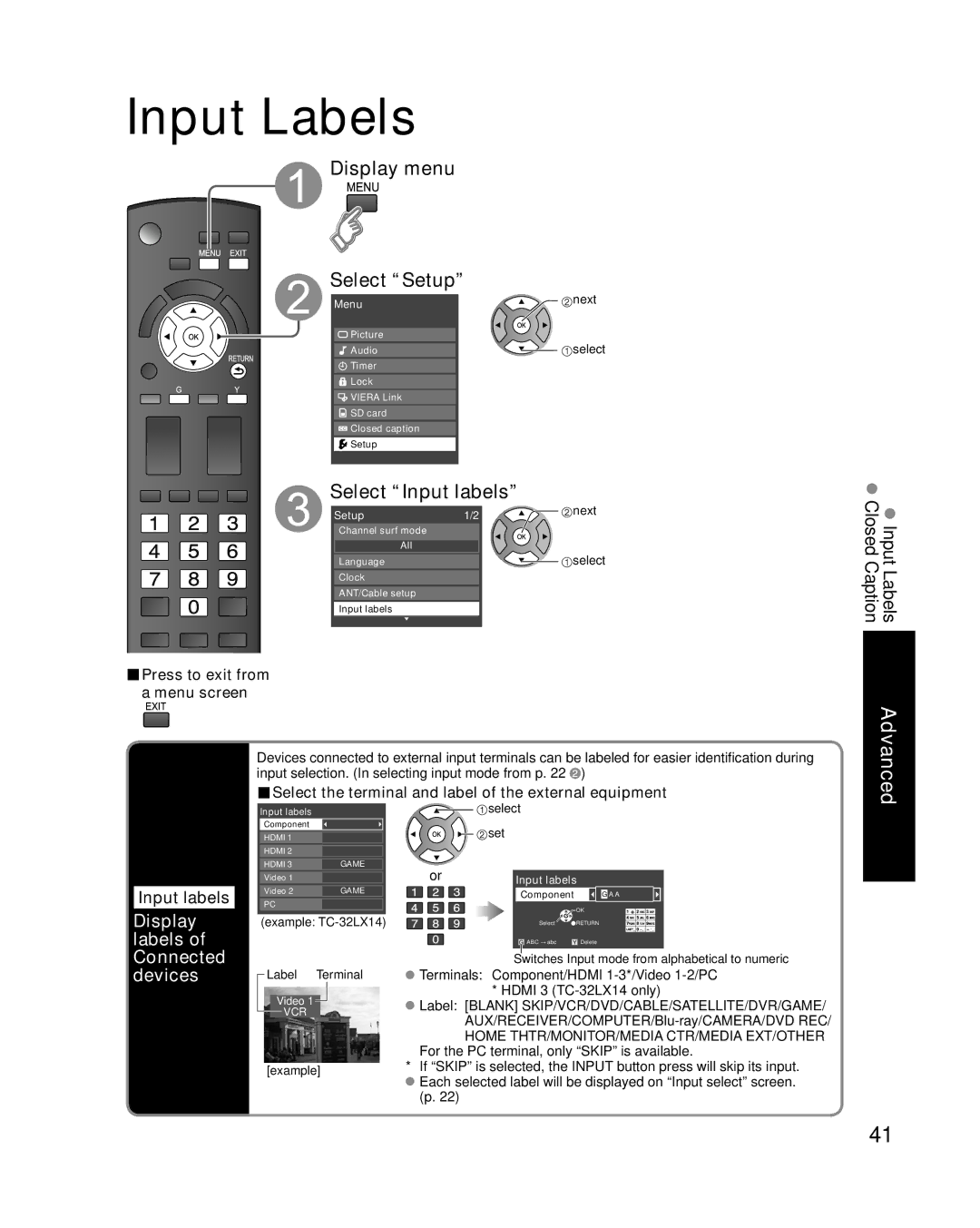 Panasonic TC-26LX14 quick start Input Labels, Select Input labels, Display labels, Connected devices 