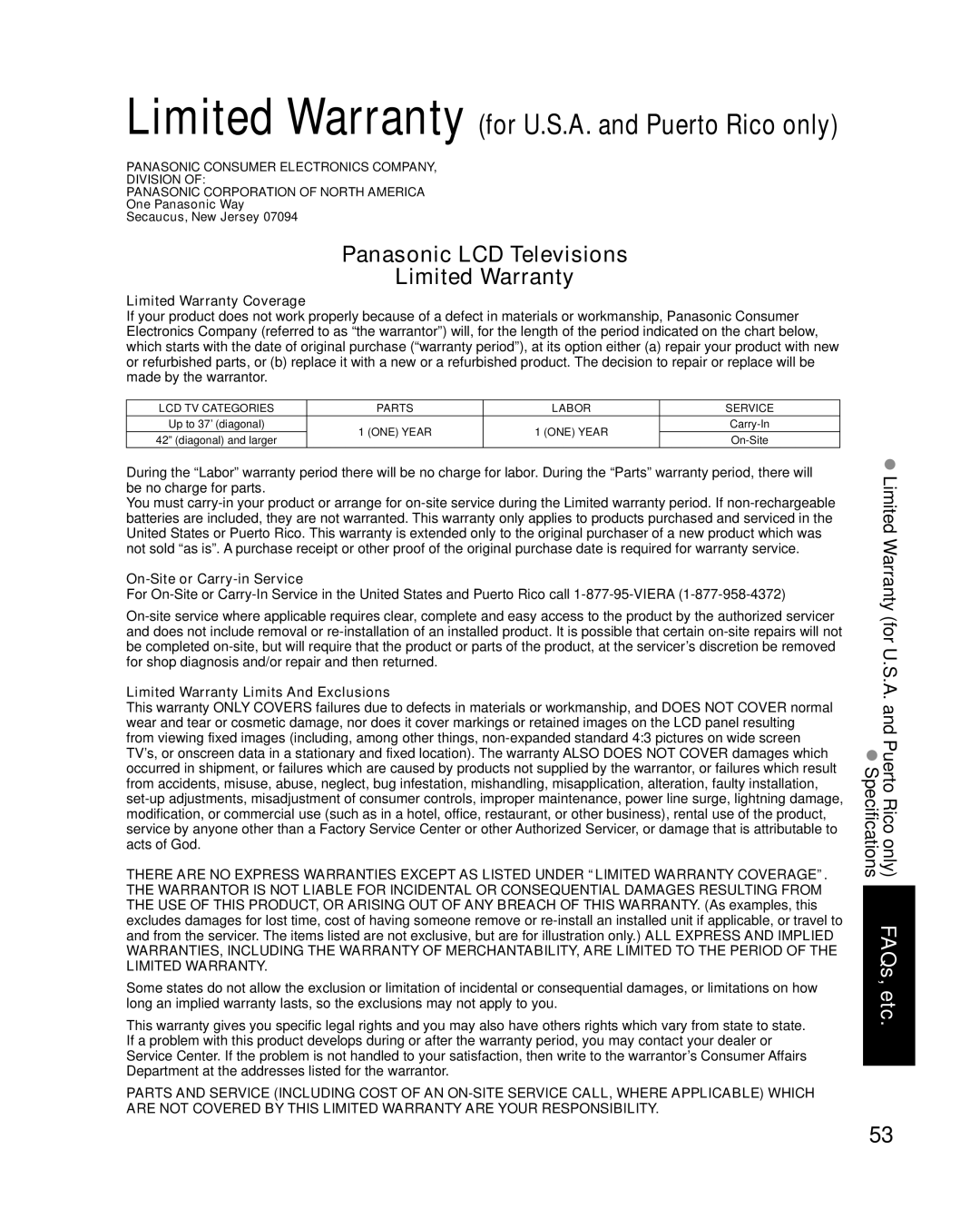 Panasonic TC-26LX14 Limited Warranty Coverage, On-Site or Carry-in Service, Limited Warranty Limits And Exclusions 