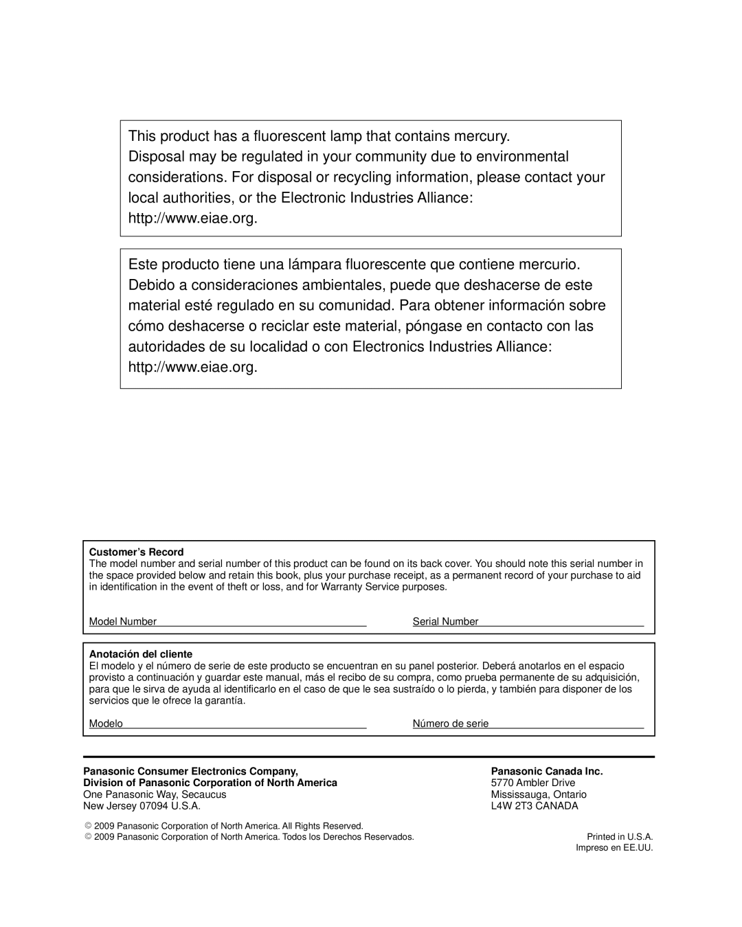 Panasonic TC-26LX14 quick start Customer’s Record, Anotación del cliente 